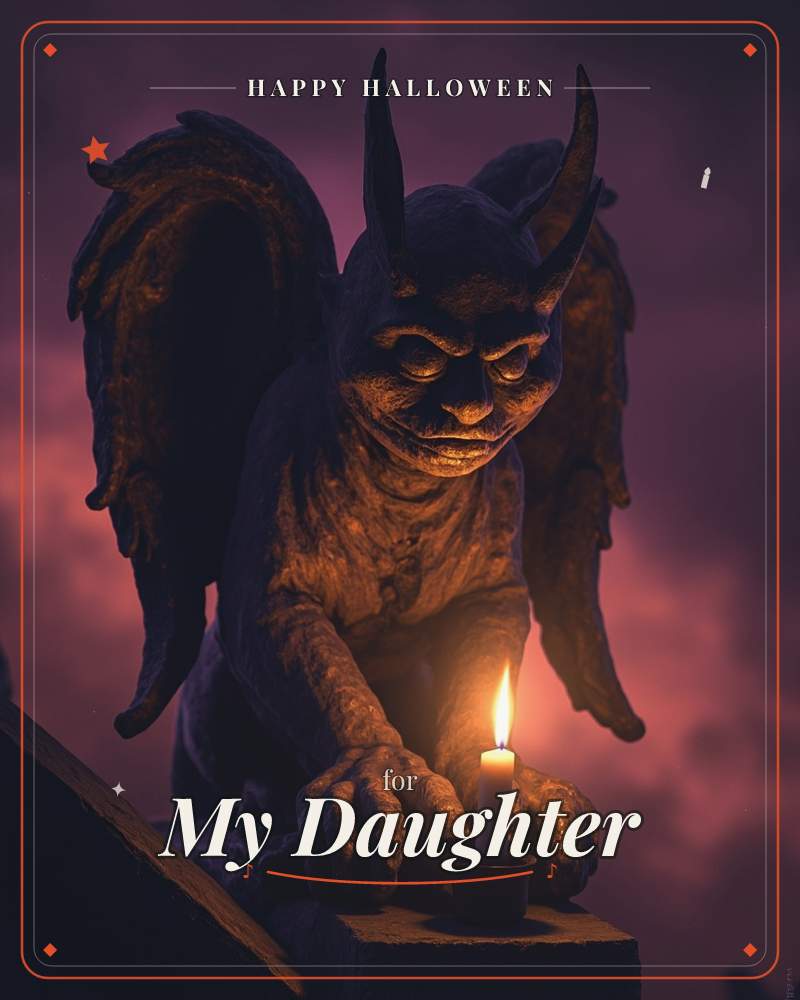 A stone gargoyle crouches on a ledge, wings folded behind it, guarding a single lit candle beneath a smoky violet sky, a halloween e-card design