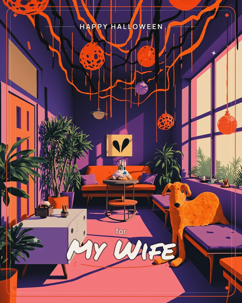 A stylised living room glows in deep purple and orange, with spotted paper-lantern baubles and dark tangled vines strung across the ceiling like…, a halloween e-card design