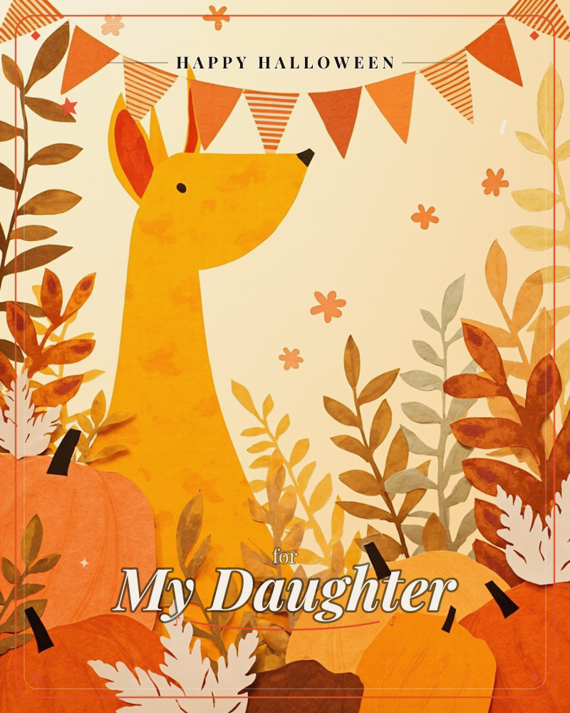 A paper-cutout deer with a golden textured coat lifts its head among a bed of autumn pumpkins and dried foliage, a string of triangle bunting looping…, a halloween e-card design