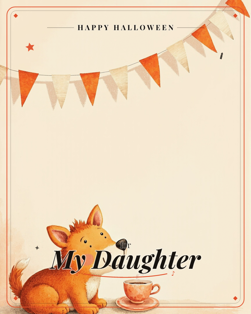 A rosy-cheeked fox cub sits at the bottom of a cream page, smiling up beside a steaming cup of tea on a saucer, a halloween e-card design