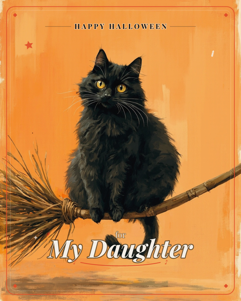 A fluffy black cat with wide amber eyes sits perched on a wooden broom handle, its tail curling beneath it, set against a warm painterly orange background, a halloween e-card design