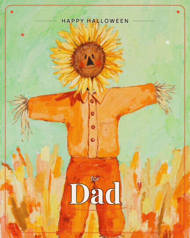 A whimsical scarecrow stands with arms flung wide, its face made from a giant sunflower with painted rosy cheeks and a triangle nose, a halloween e-card design