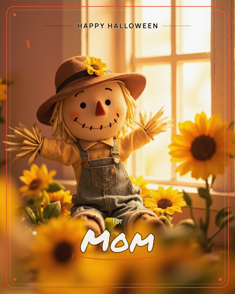 A smiling straw scarecrow in a felt hat and denim overalls sits on a windowsill surrounded by bright sunflowers, arms flung open in cheerful welcome, a halloween e-card design