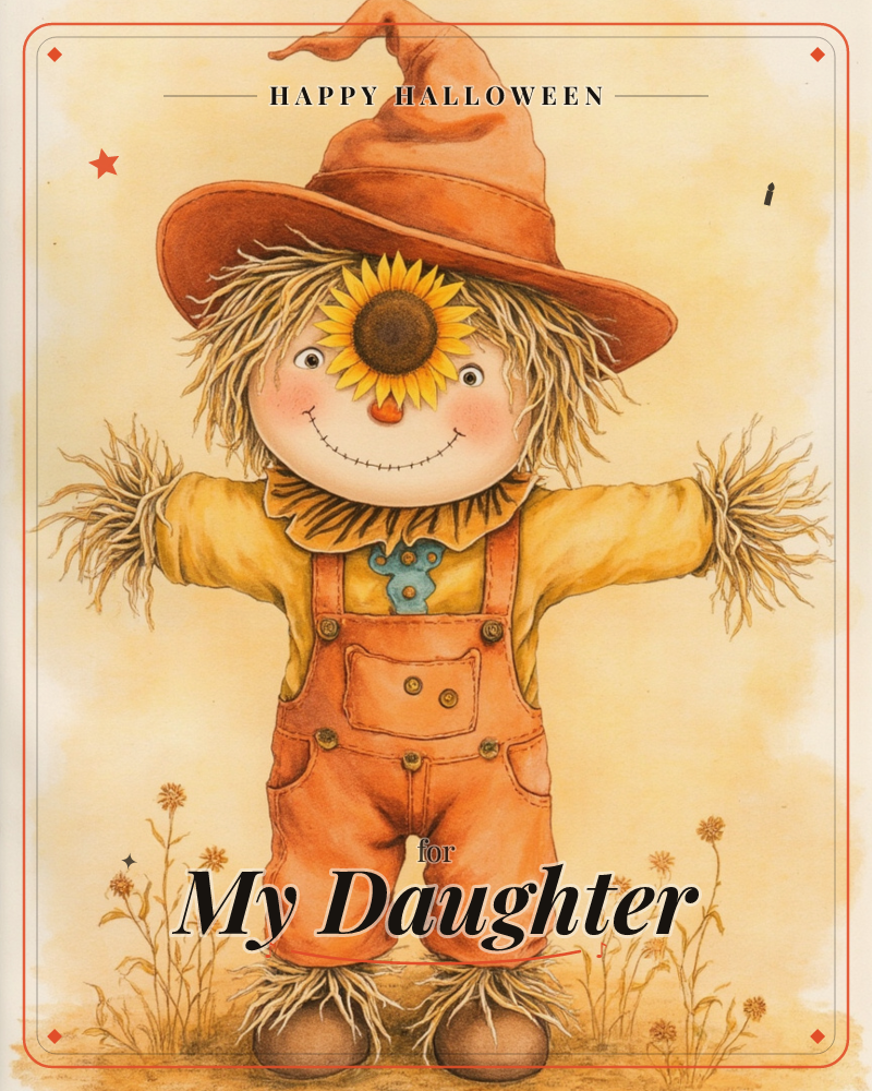 A cheerful scarecrow stands with arms spread wide against a warm golden wash, a sunflower tucked over one eye and straw poking from its sleeves and boots, a halloween e-card design