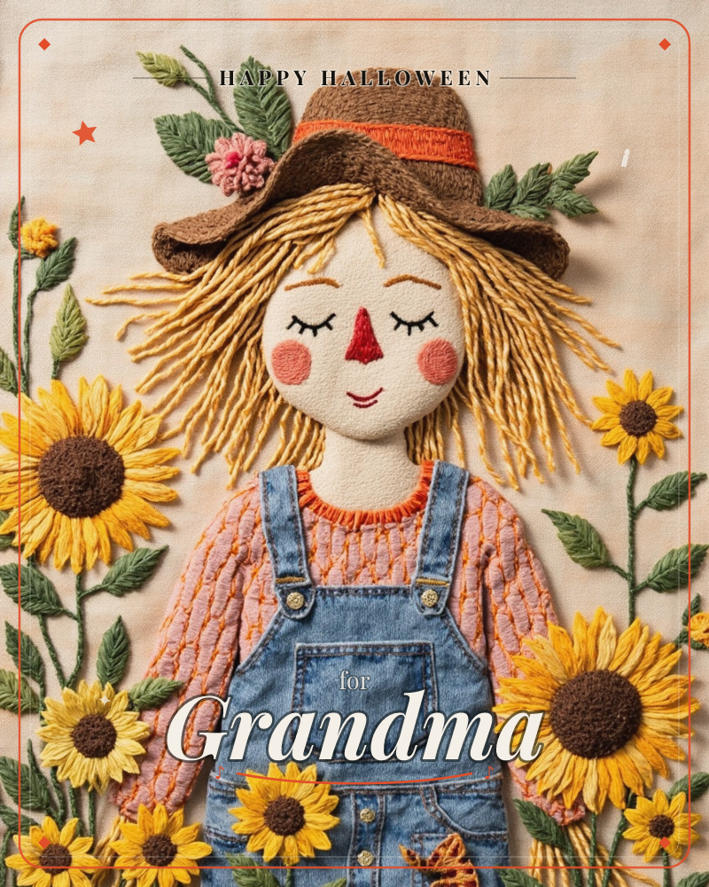 An embroidered scarecrow figure with straw-yarn hair and a stitched brown hat smiles among a border of sunflowers, dressed in denim overalls and a knit…, a halloween e-card design