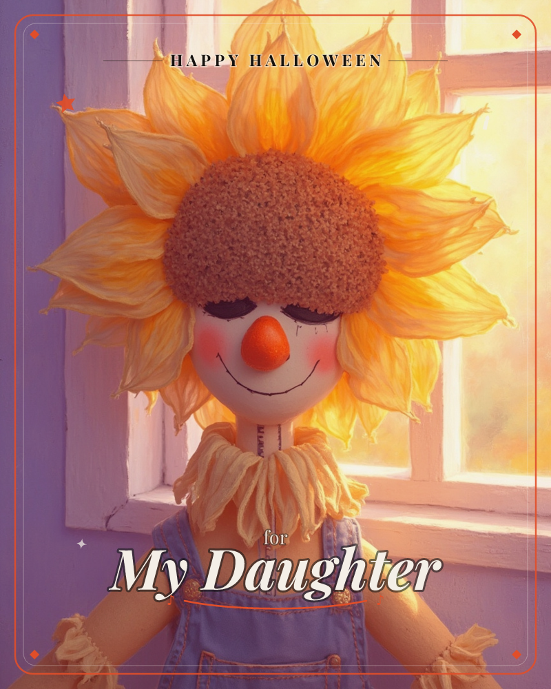 A handmade doll with a sunflower-petal head and a stitched, smiling face sits before a sunlit windowpane in denim overalls, a halloween e-card design