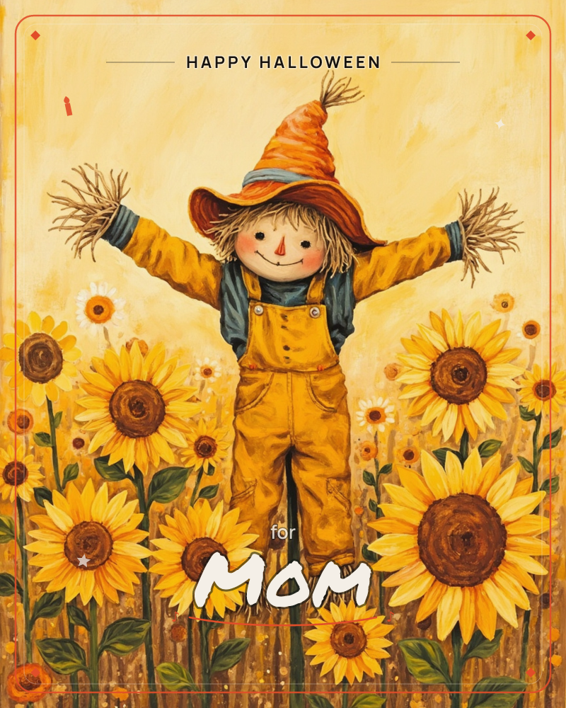 A cheerful scarecrow with a straw-tufted orange hat and mustard overalls stands with arms spread wide in a field of tall sunflowers, a halloween e-card design