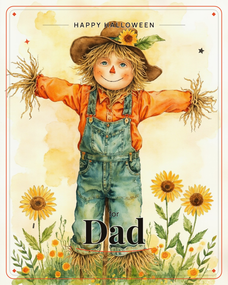 A friendly scarecrow with a triangle-patch nose and rosy cheeks stands with arms outstretched in denim overalls and an orange shirt, straw poking from…, a halloween e-card design