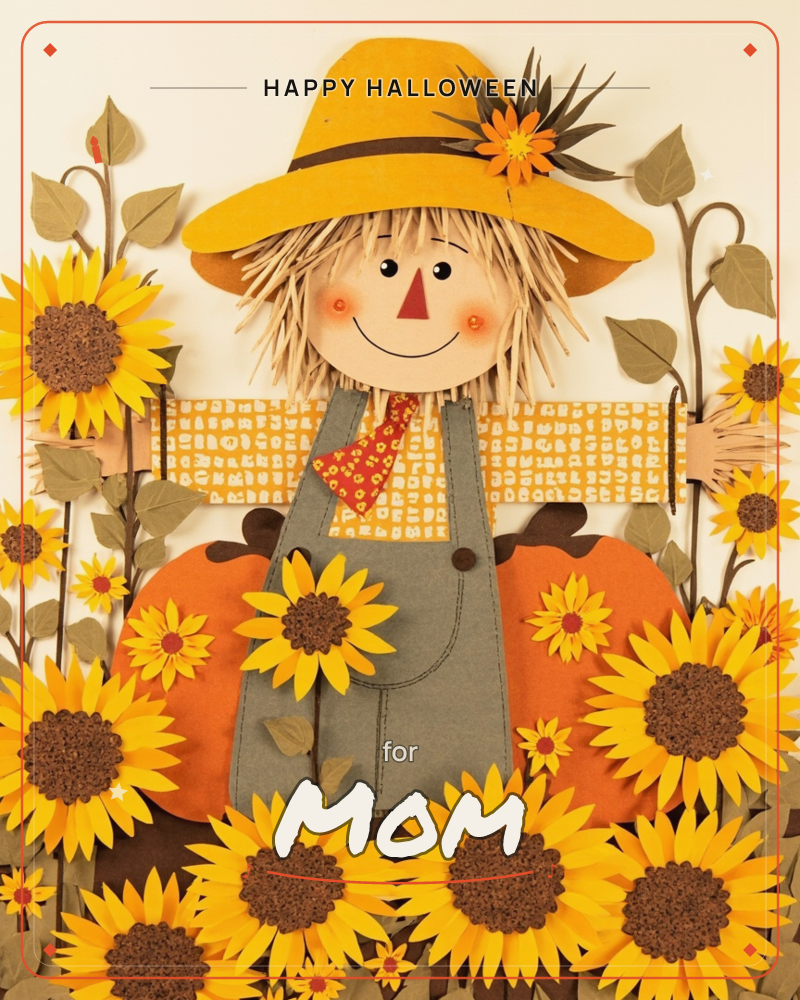A cheerful paper-craft scarecrow with a triangle nose and straw hair grins beneath a mustard hat trimmed with a little flower, a halloween e-card design