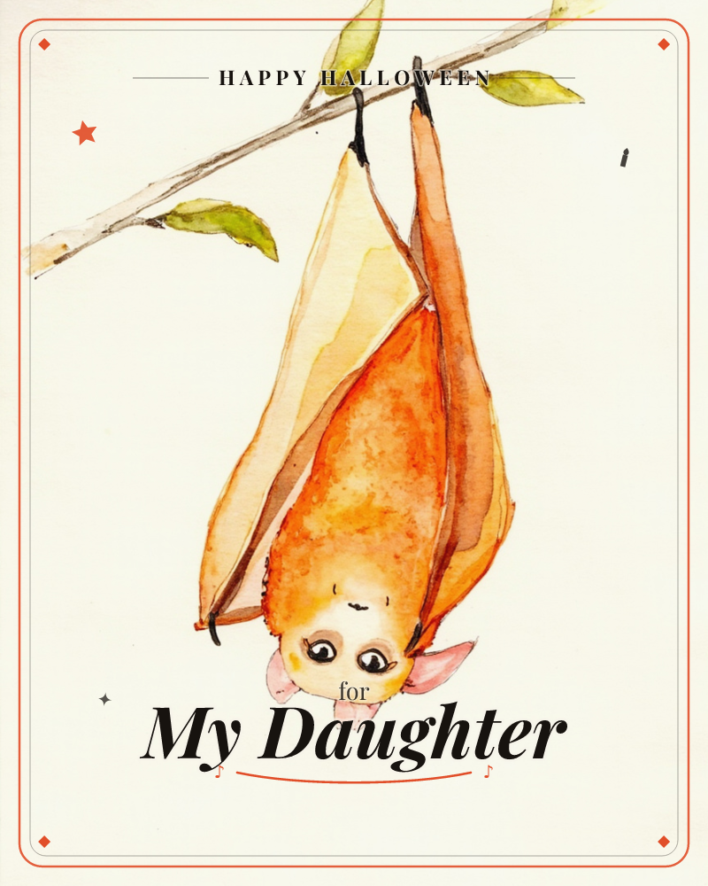 A watercolour bat hangs upside down from a slender leafy branch, its wings wrapped around itself like a cloak in warm shades of orange and gold, a halloween e-card design