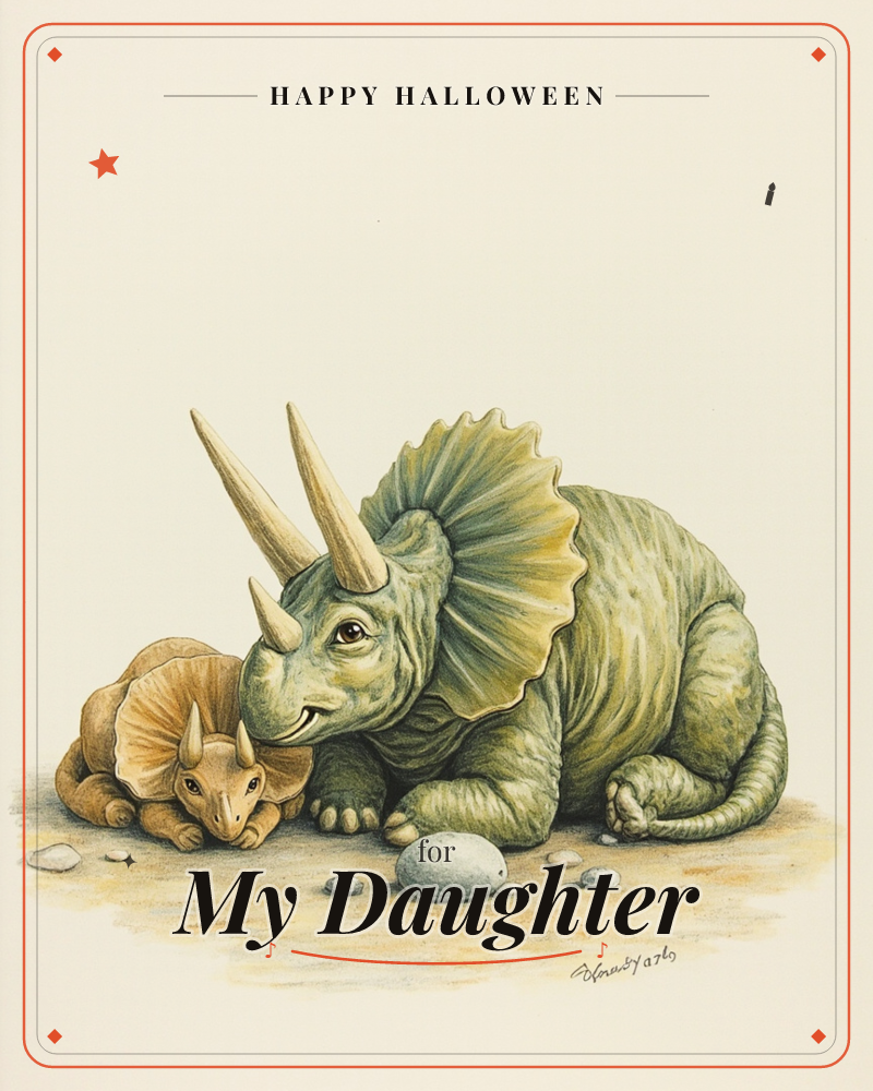 A large green triceratops rests low on sandy ground beside a smaller tan-orange baby triceratops, its curved horns tucked close in a protective pose, a halloween e-card design