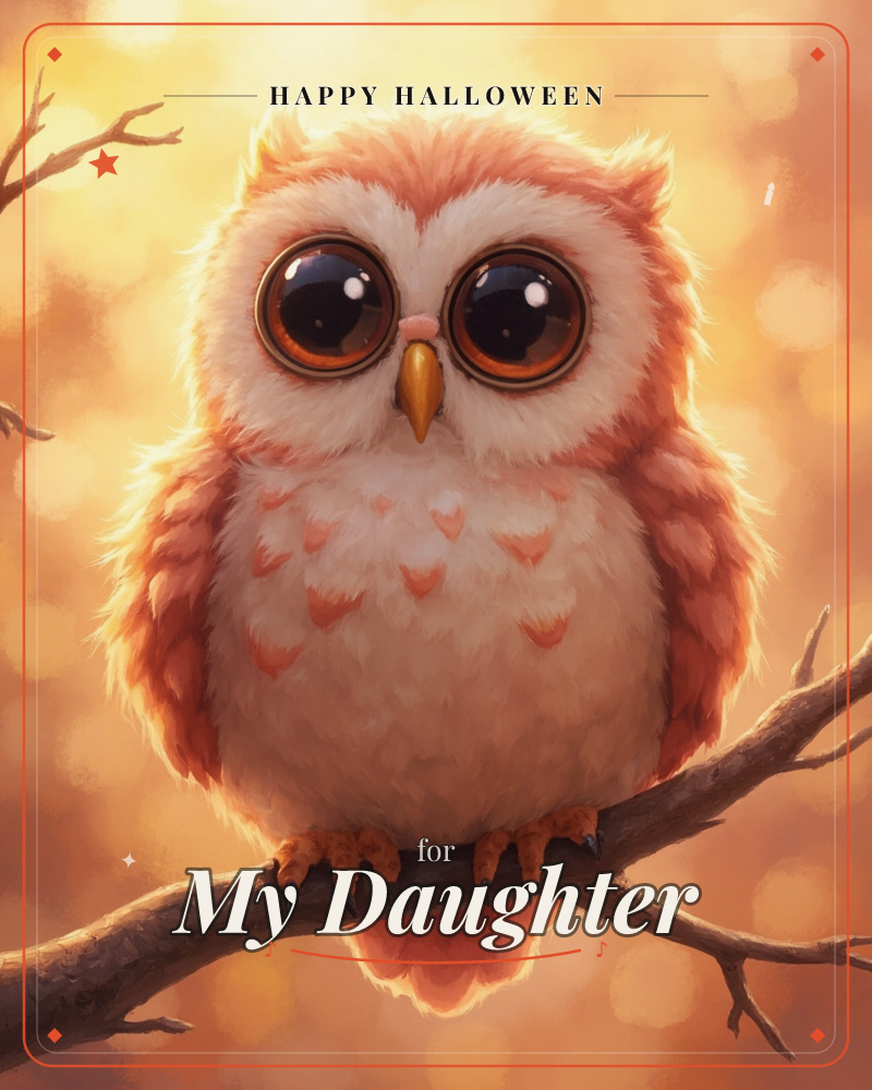 A round-eyed baby owl with rust-and-cream feathers perches on a bare branch, staring straight out with huge glossy black eyes, a halloween e-card design
