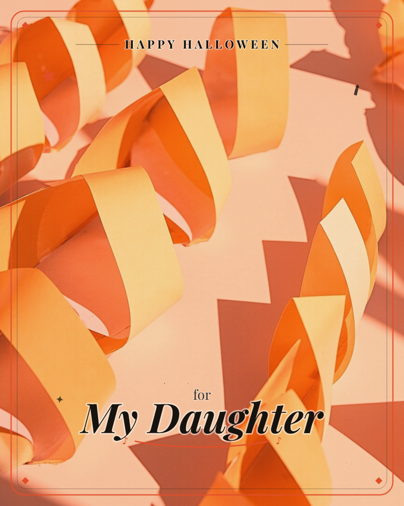 Curling spirals of orange and yellow paper streamers lie scattered across a soft peach surface, caught in strong sunlight that throws sharp, jagged…, a halloween e-card design