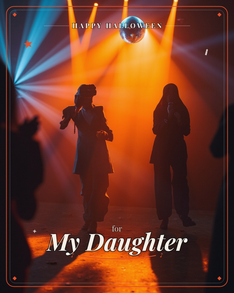 A darkened dance floor glows under a mirrored disco ball, its light splitting into fanning beams of orange and teal across the haze, a halloween e-card design
