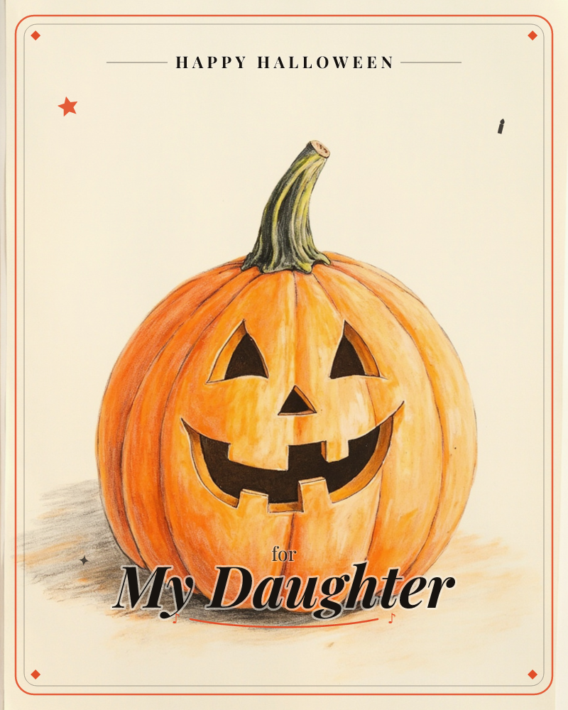 A single carved pumpkin sits centre stage on a plain cream background, its bumpy orange skin shaded in warm coloured-pencil strokes and topped with a…, a halloween e-card design