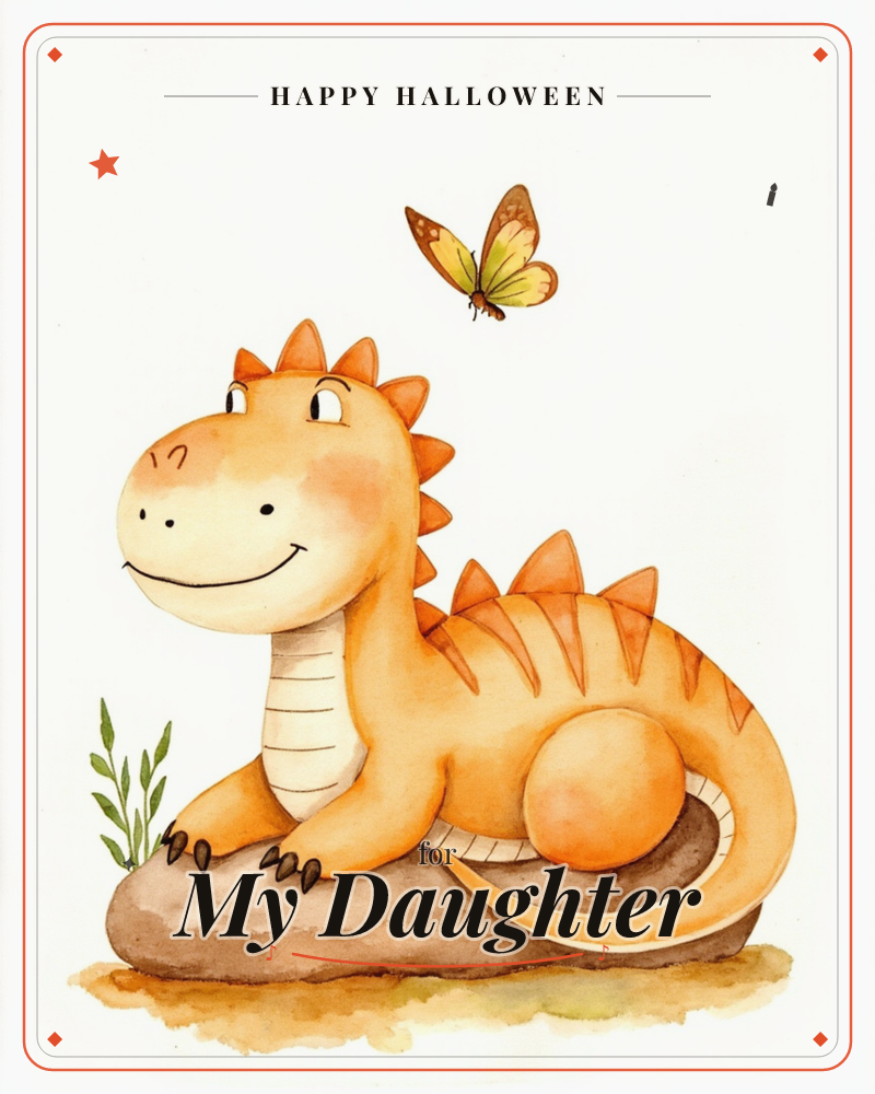 A cheerful orange dinosaur with a spiky ridged back rests curled on a brown rock, its tail wrapped around its rounded belly, a halloween e-card design