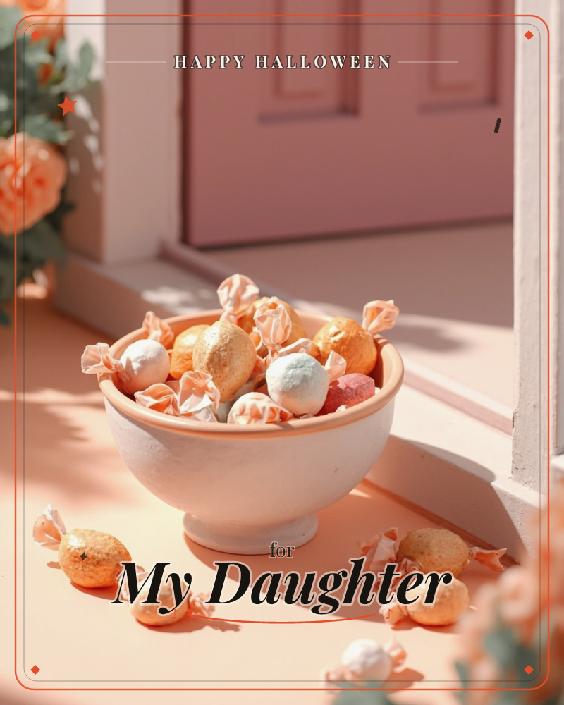 A white ceramic bowl brims with foil-wrapped candies in gold, pink, and mint, sitting on a sunlit peach doorstep beside a dusty rose front door, a halloween e-card design