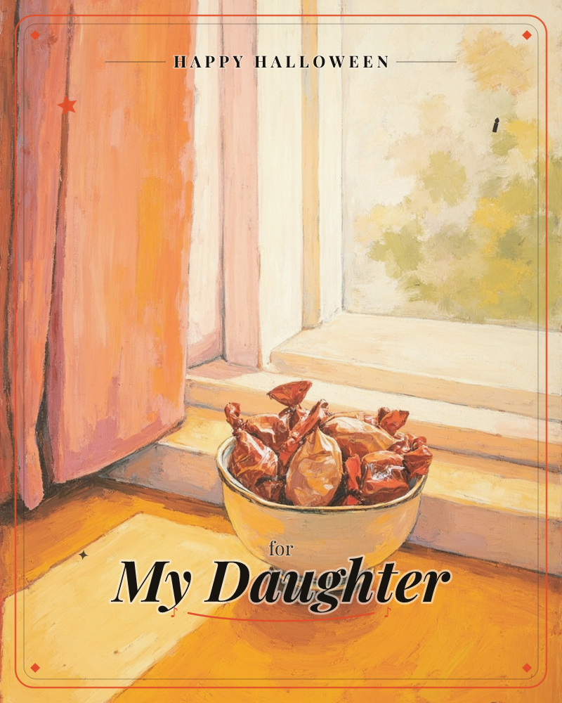 A sunlit windowsill scene with a peach curtain drawn back, showing a leafy view beyond the glass, a halloween e-card design