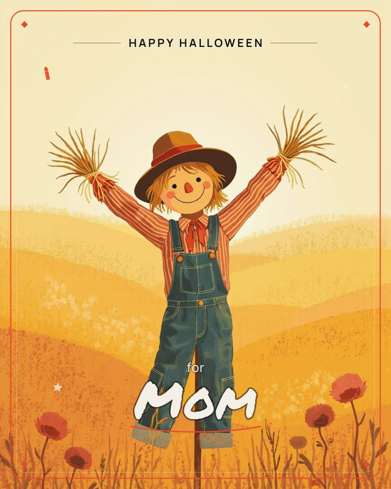 A cheerful scarecrow with a stitched smile stands with straw-filled hands raised high, dressed in striped shirt and denim overalls atop rolling golden…, a halloween e-card design