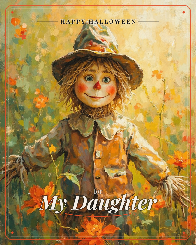 A friendly scarecrow with a stitched smile, rosy cheeks, and a floppy patched hat stands among tall orange wildflowers under a hazy golden light, a halloween e-card design