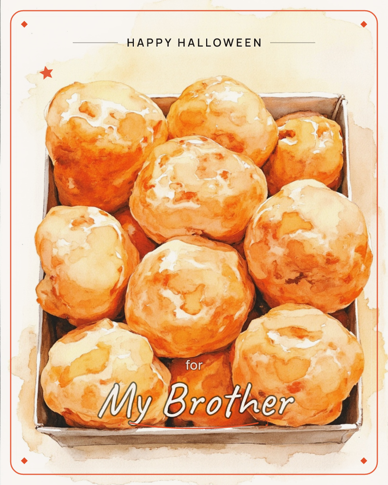 A watercolour box of glazed doughnut holes sits piled together, their golden-brown surfaces glistening with sugary sheen, a halloween e-card design