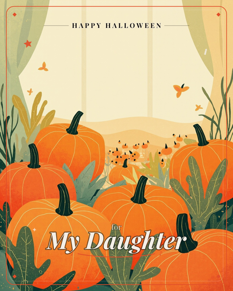 A cluster of round orange pumpkins with dark green stems fills the foreground, framed by soft sage curtains pulled back on either side like a stage, a halloween e-card design
