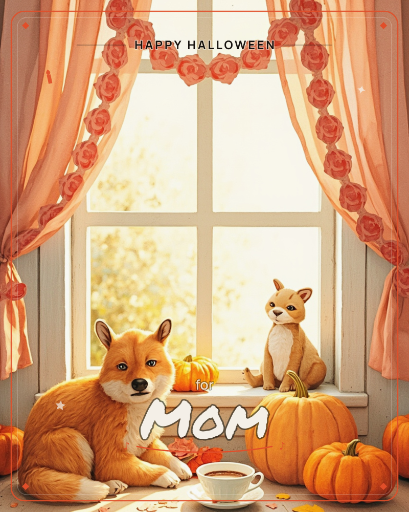 A fluffy fox-like dog lies on a windowsill beside a small stuffed fox toy, surrounded by autumn pumpkins and a cup of tea, a halloween e-card design
