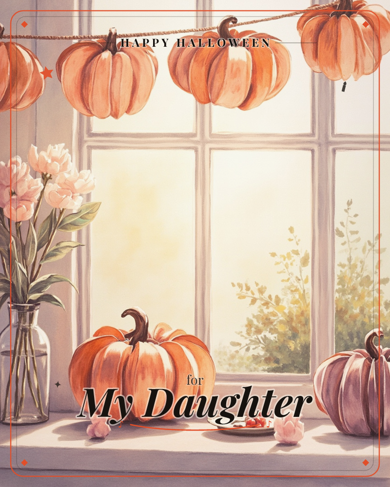 A sunlit windowsill is dressed for autumn with a garland of small orange pumpkins strung along the top of the frame, while plump pumpkins in orange and…, a halloween e-card design