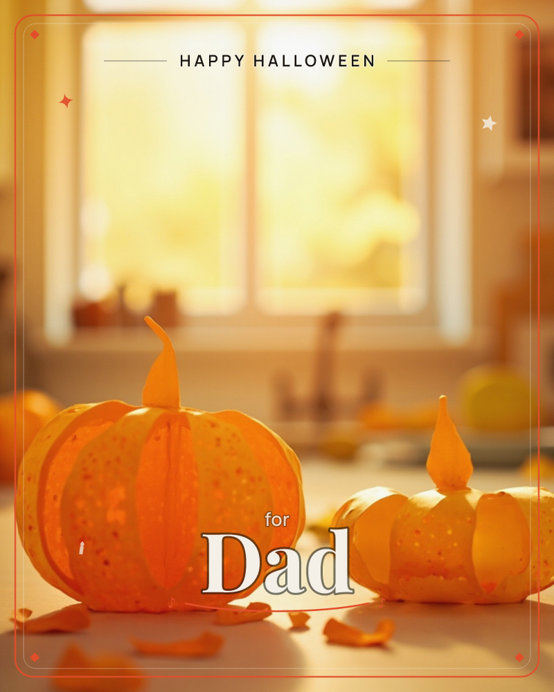 Two paper-craft pumpkins sit on a sunlit kitchen windowsill, their ridged orange folds catching the warm afternoon glow, a halloween e-card design