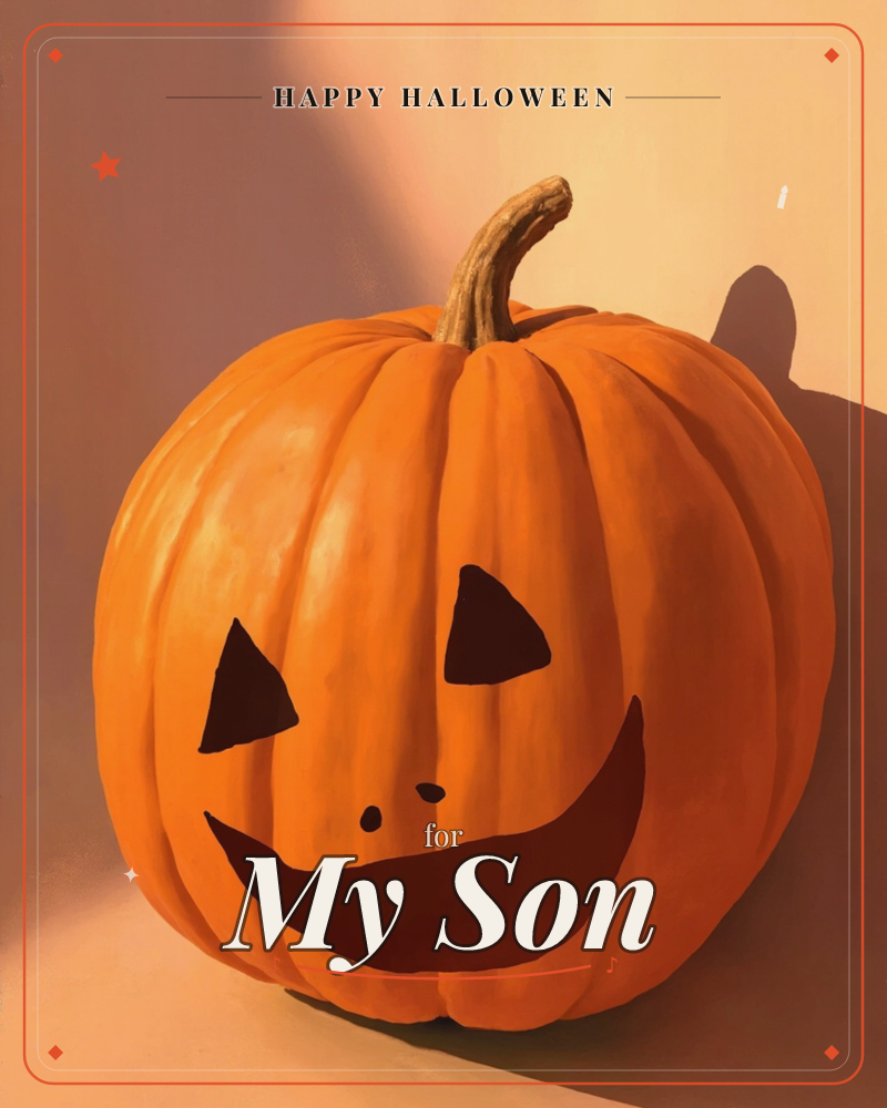 A carved jack-o'-lantern grins wide against a warm peach-toned wall, its curling stem catching golden light from one side, a halloween e-card design