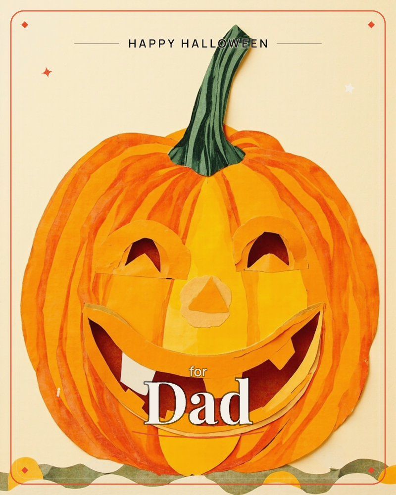 A cheerful jack-o'-lantern fills the card, its layered paper-cut face grinning wide with two triangle eyes, a triangle nose, and a jagged…, a halloween e-card design