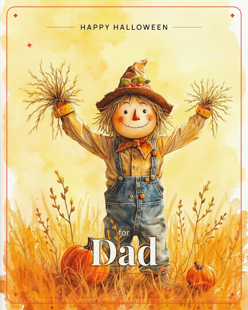 A cheerful scarecrow with a carrot nose and rosy cheeks stands in a golden autumn field, arms raised with straw spilling from its cuffs, a halloween e-card design
