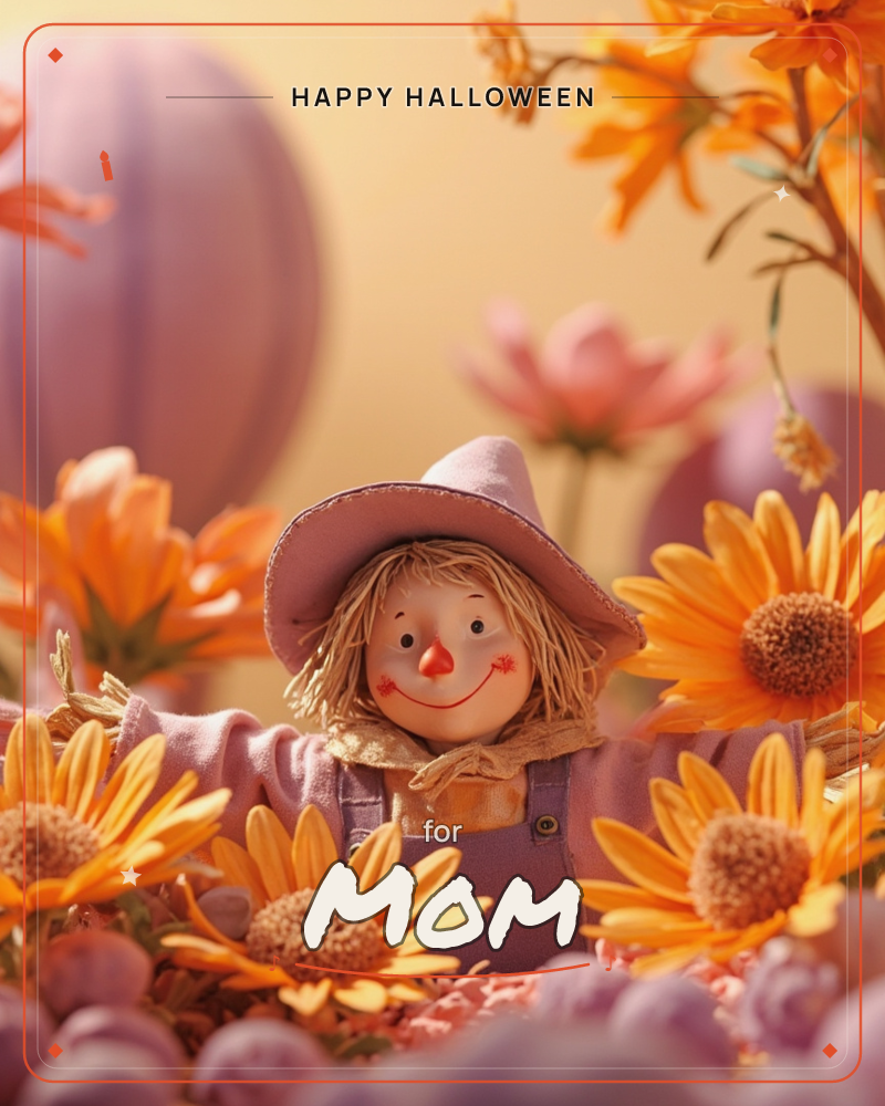 A smiling scarecrow figure with a straw-fringed painted face and a lavender hat peeks out from a dense cluster of orange sunflowers and blush pink…, a halloween e-card design