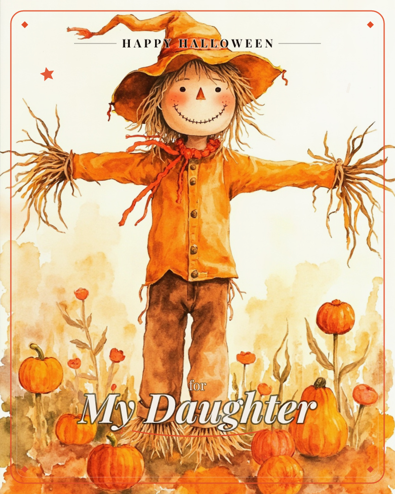 A friendly scarecrow with a stitched triangle nose and stitched smile stands with arms outstretched in a pumpkin patch, straw poking from its cuffs and…, a halloween e-card design