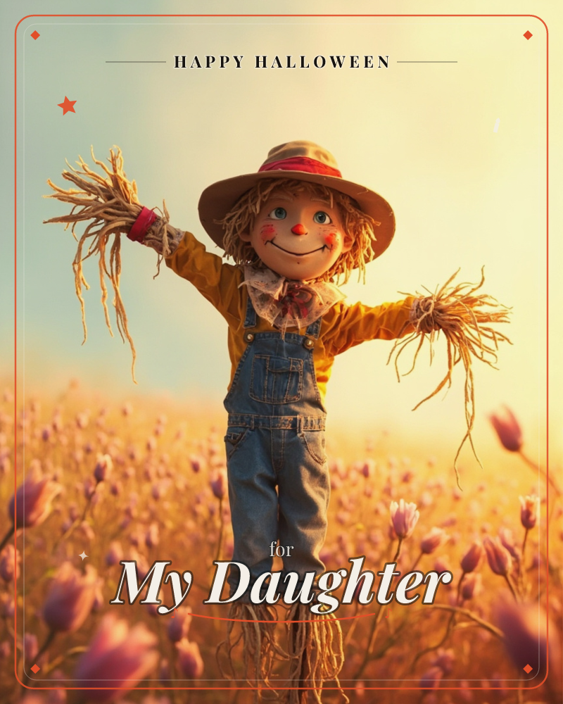 A cheerful scarecrow stands with arms flung wide in a golden field dotted with purple wildflowers, its straw hands frayed and its painted face grinning…, a halloween e-card design