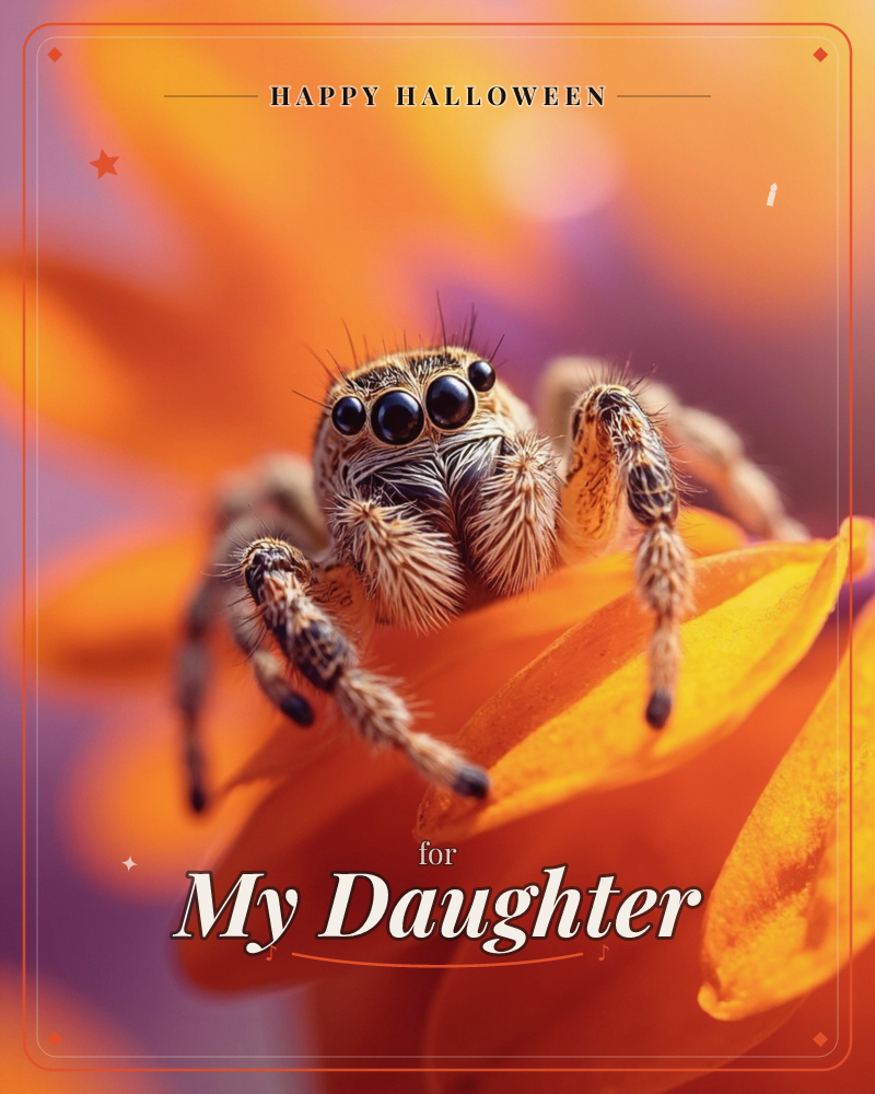 A fuzzy jumping spider perches on the curled edge of a bright orange petal, its many dark eyes fixed straight ahead, a halloween e-card design
