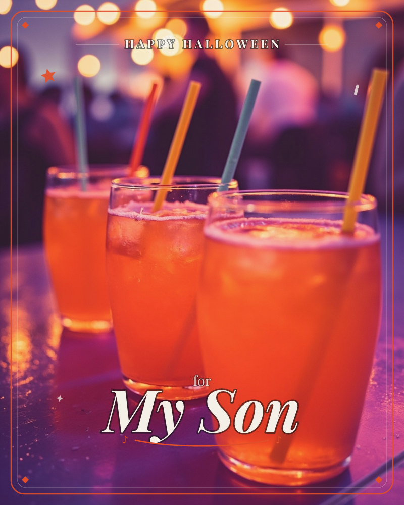 Three glasses of orange cocktail line up on a glossy purple-lit bar top, each fitted with a colourful straw and ice cubes catching the glow, a halloween e-card design