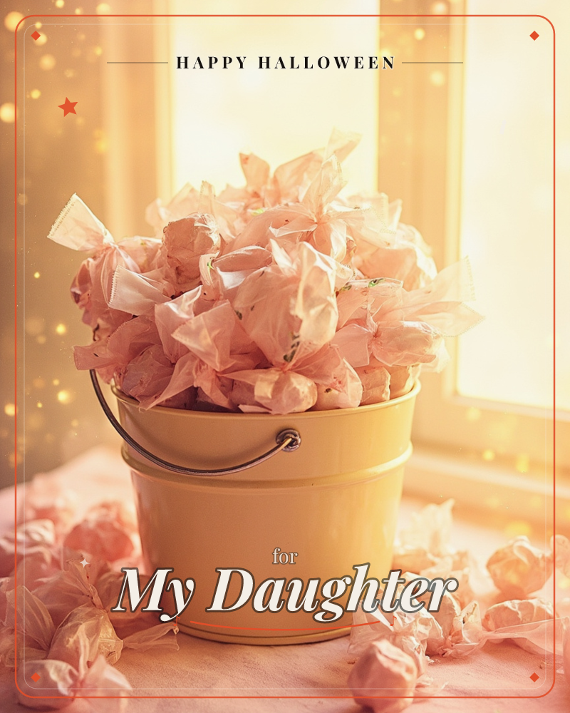 A cream-yellow metal pail sits piled high with pink wrapped candies, their twisted paper ends catching the light like little bows, a halloween e-card design