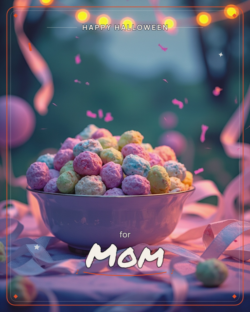 A bowl overflowing with pastel-speckled cake truffles sits on a ribbon-draped table at twilight, string lights glowing gold above and confetti drifting…, a halloween e-card design