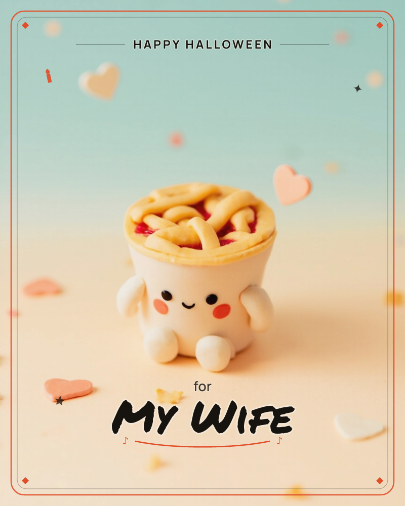 A cup of instant noodles has been given a rosy-cheeked, smiling face and stubby little arms and legs, sitting on a soft peach surface against a pale…, a halloween e-card design