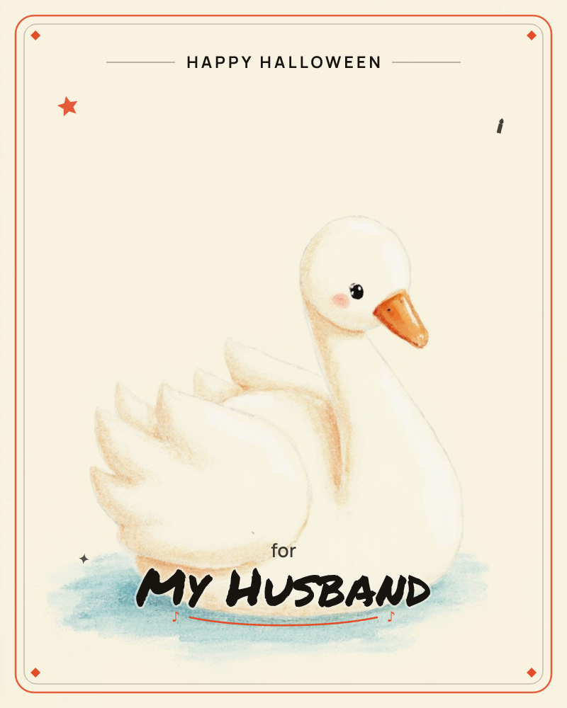 A single white swan floats gently on a soft patch of blue water, its wings tucked and rounded against a plain cream background, a halloween e-card design