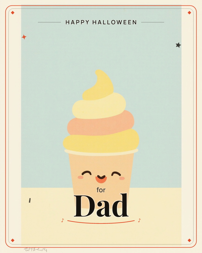 A soft-serve ice cream cup sits centre stage with a happy cartoon face drawn onto its front, swirls of yellow, peach and coral stacked on top like a…, a halloween e-card design