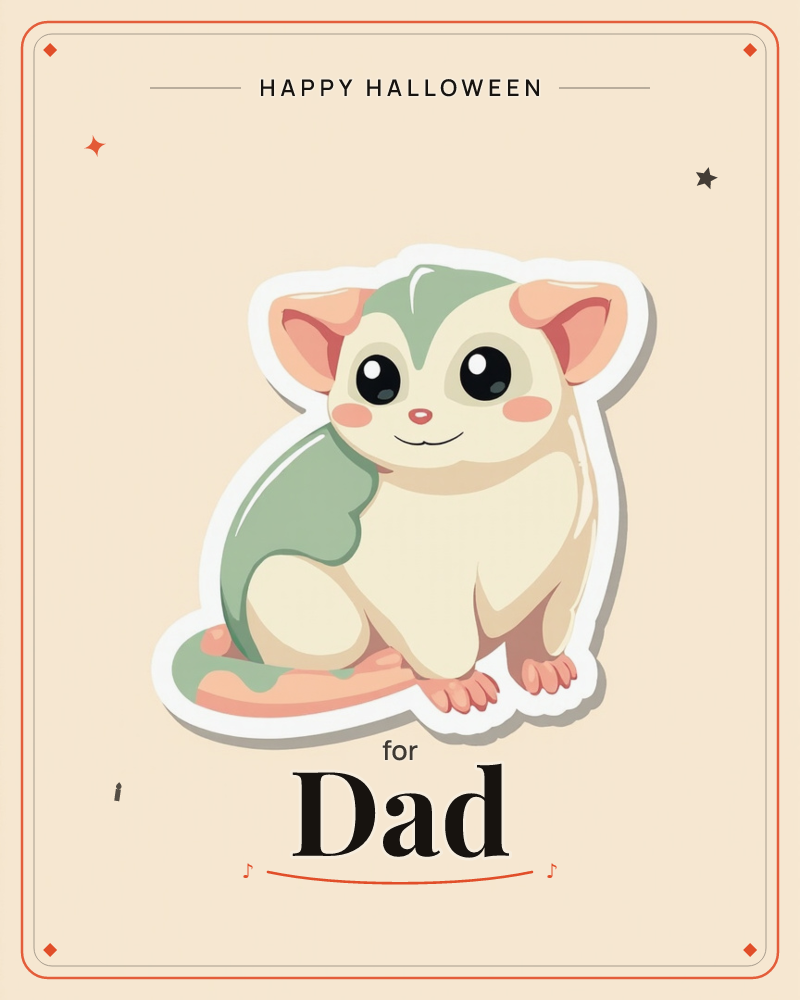 A sticker-style illustration of a small round creature, somewhere between a mouse and a lemur, sits on its haunches with a white sticker outline…, a halloween e-card design