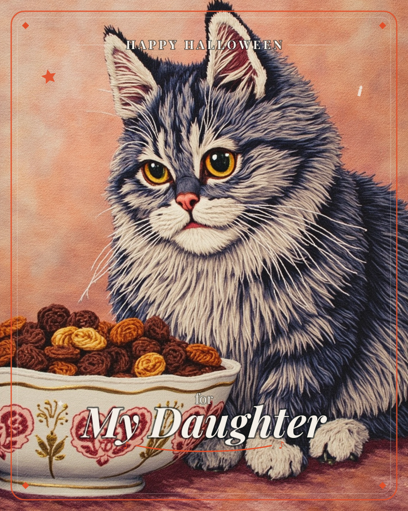 A fluffy grey and white cat sits beside a floral porcelain bowl heaped with rolled biscuits or pastries, its amber eyes gazing straight out with a…, a halloween e-card design