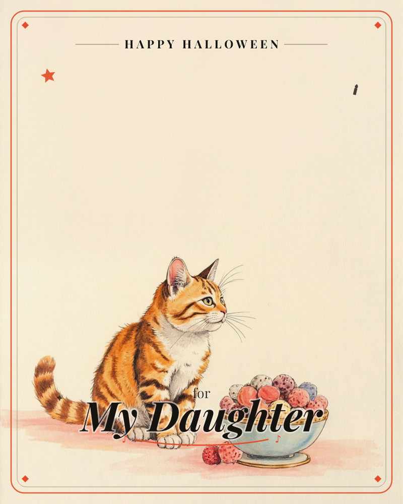 A ginger tabby kitten sits primly beside a pale blue bowl heaped with speckled sugared berries, one raspberry tumbled loose onto the floor, a halloween e-card design