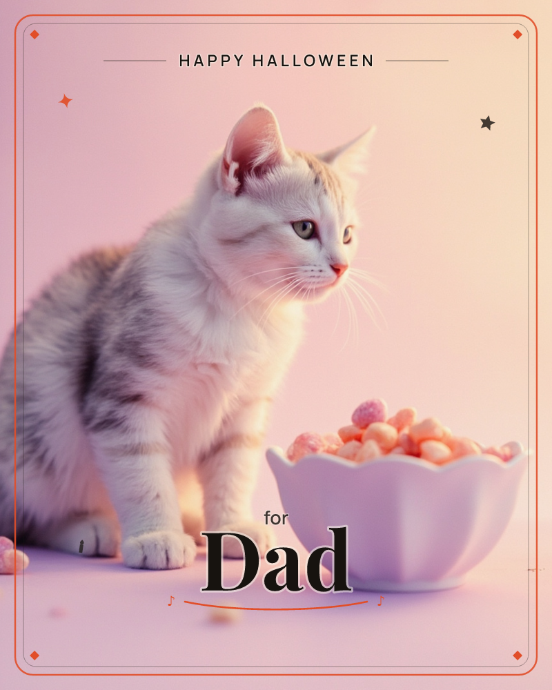 A pale, tabby-marked kitten sits beside a scalloped-edged bowl brimming with pastel candy-like puffs, all bathed in a soft rosy glow, a halloween e-card design