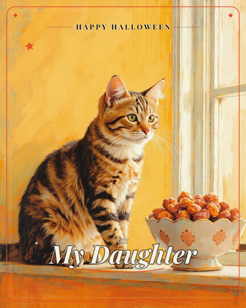 A tabby cat sits upright on a sunlit windowsill beside a patterned bowl of small berries, its coat glowing amber against a warm yellow wall, a halloween e-card design