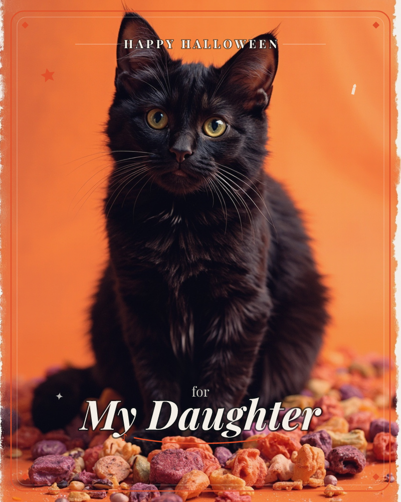 A black cat with striking yellow-green eyes sits upright against a bold orange backdrop, surrounded by scattered colourful kibble and dried treats, a halloween e-card design