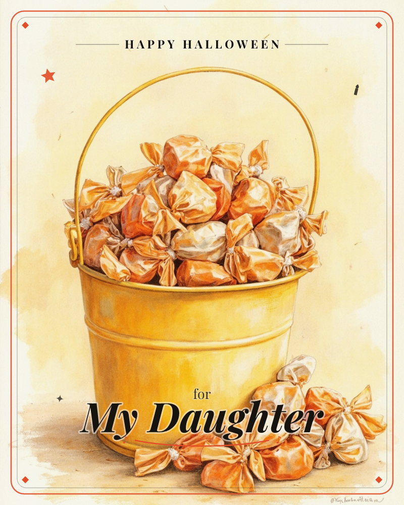 A golden metal bucket brims with individually wrapped toffees twisted in shiny orange and gold foil, a few spilling onto the surface below, a halloween e-card design