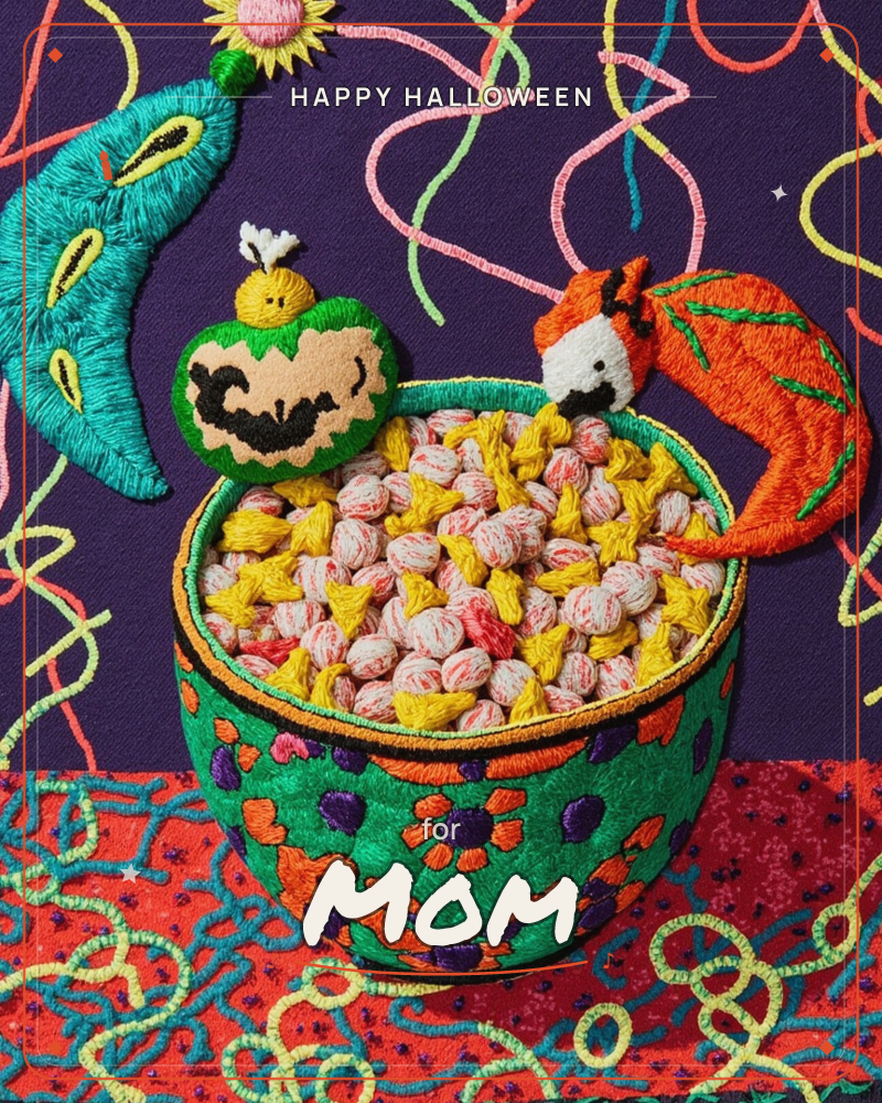 An embroidered still life shows a floral green bowl brimming with textured yellow, white and pink candy-like stitches, flanked by whimsical creatures…, a halloween e-card design